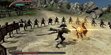 The player, circled by many enemies, whilst duelling one-on-one with an enemy in the centre