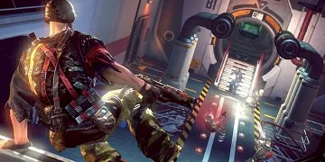 A soldier jumping over a wall, into the scene of a shoot-out