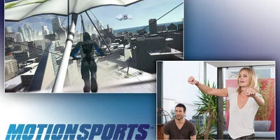 A woman, playing a para-gliding game