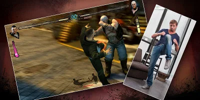 A game screenshot, with a picture of a man using the kinect system