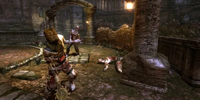 Two zombies approaching the player in a courtyard