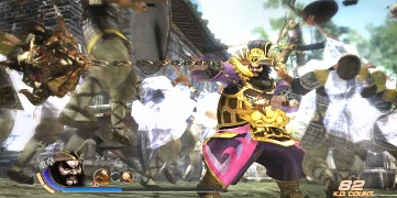 A powerful-looking character in blue & gold armor