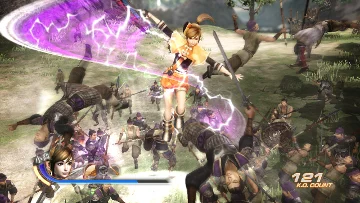 An elegant male character, pointing one of his two swords towards approaching enemies