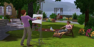 A Sim doing a painting of someone in a garden
