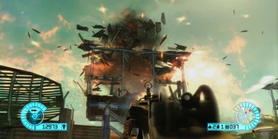 A player, looking on as a building is destroyed by an explosion