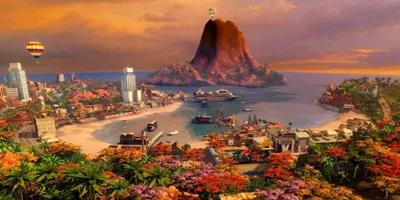 Een schilderachtig uitzicht op een stad, voor een grote berg, die uit de zee oprijst