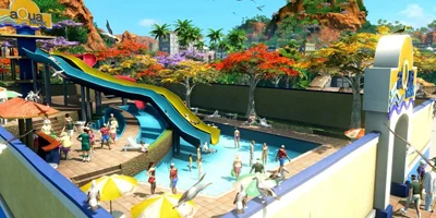 Een waterpark, vol met bezoekers