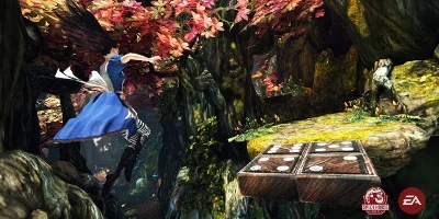 Alice, jumping onto a small bridge made of dominoes