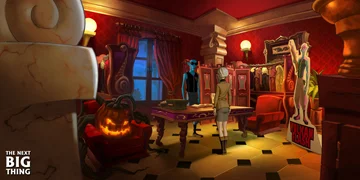 Two characters stand inside a cluttered house