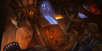 An attic-like room, looking creepy with blue light coming through the windows