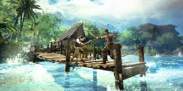 Two characters fight on a small pier