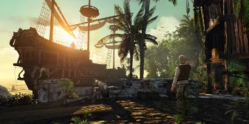 One character observes his ship from distance on an island