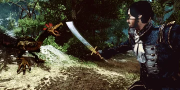 A pirate-like character, fighting off a strange creature