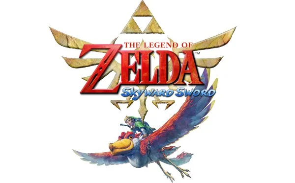 The Zelda: Skyward Sword logo, with link underneath it, on a large, flying creature