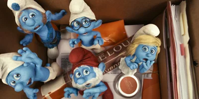 Geanimeerde Smurfen, Papa Smurf, Smerfette, Brainy, Gutsy en Onhandig kijken Bang in een Doos