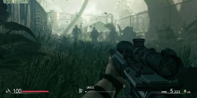 The player hides in the grass behind two enemies