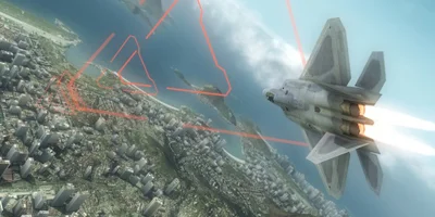 The prestigious F-22 Raptor, following a digital flight path