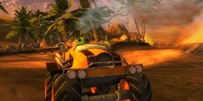 green animal in a racing car
