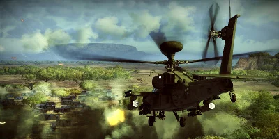 An Apache flying over a jungle environment