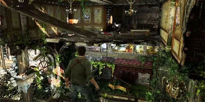 Nathan Drake, in an overgrown building