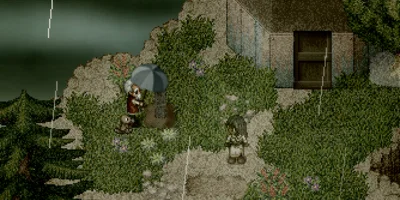 Two characters stood in the rain