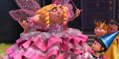 Gru wearing a princess outfit, talking to Agnes