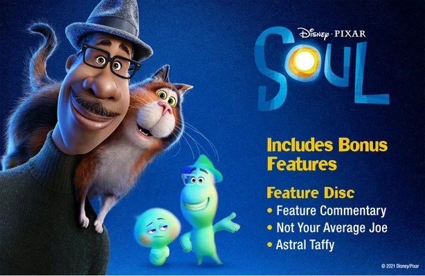 Banner die Soul promoot. De tekst op de banner luidt Disney Pixar Soul. Bevat bonusfuncties. Feature-schijf. Functiecommentaar, niet de doorsnee Joe, Astral Taffy
