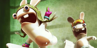 Two Raving Rabbids going snowboarding