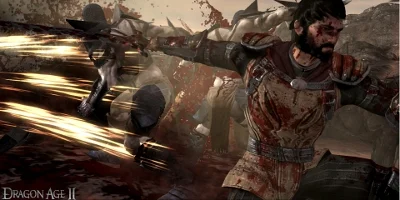 A blood-spattered character, swinging his sword out far