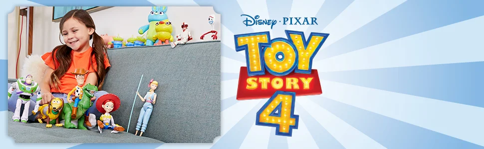 little girl playing with toy story characters along side toy story logo