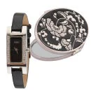 Oasis Women's Diamante Black Strap Watch & Compact Mirror Set Afbeelding 1