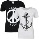Taylor Women's 2-Pack Peace And Anchor Graphic T-Shirts - Black & White - S - Black/White Afbeelding 1