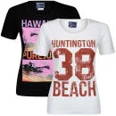 Pure Juice Women's 2 Pack Hawaiian & Huntingdon Beach Graphic T-Shirt - Black/White - S - Black/White Afbeelding 1