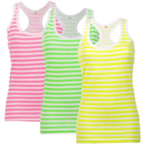 Brave Soul Women's 3-Pack Muscle Back Vest with Neon Stripes - Pink/Green/Yellow - S - Multi Afbeelding 1