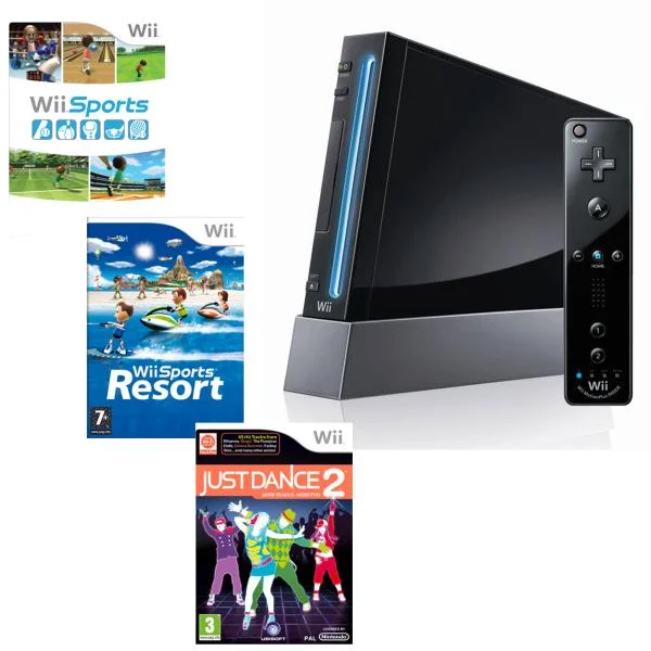 Nintendo Wii Console (Black): Bundle (Including Wii Sports Resort and Just Dance 2) Afbeelding 1