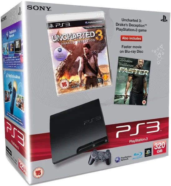 Playstation 3 PS3 Slim 320GB Console: Bundle (Includes Uncharted 3 and Faster on Blu-ray) Afbeelding 1