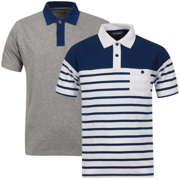 Tom Frank Men's 2-Pack Polo Shirt - Grey Marl Solid & Navy Stripe - S Afbeelding 1
