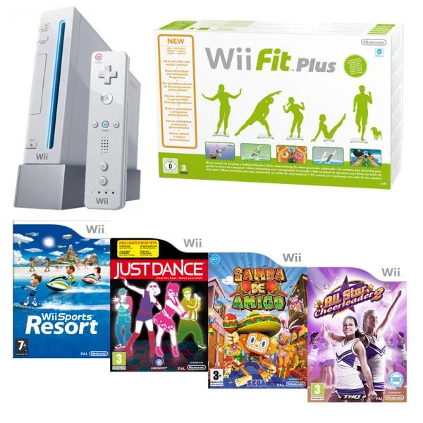 Nintendo Wii Console: Bundle (Including Wii Sports Resort, Just Dance, All Star Cheerleader 2, Samba De Amigo & Wii Fit Plus with Board) Afbeelding 1