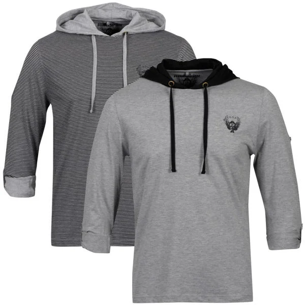 Ringspun Men's 2-Pack Darter Long Sleeve Hooded T-Shirt - Black/Grey stripe + Grey Marl - S - Black/Grey Stripe/Grey Marl Afbeelding 1