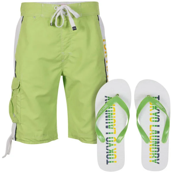 Tokyo Laundry Men's Kiholo Board Short with Flip Flops - Lime Green - S - limoengroen Afbeelding 1
