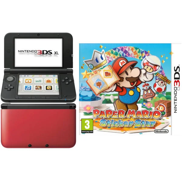 Nintendo 3DS XL Console (Red and Black) Bundle Includes: Paper Mario: Sticker Star 3D Afbeelding 1