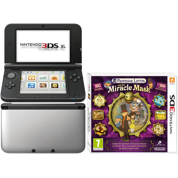 Nintendo 3DS XL Console (Silver and Black) Bundle Includes: Professor Layton And The Mask Of Miracle Afbeelding 1