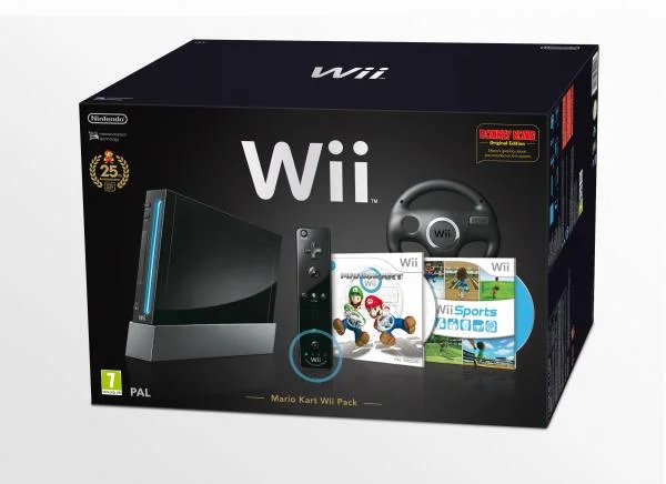 Black Wii Console Bundle: With Wii Motion Plus Controller, Mario Kart, Black Steering Wheel and Wii Sports Afbeelding 1