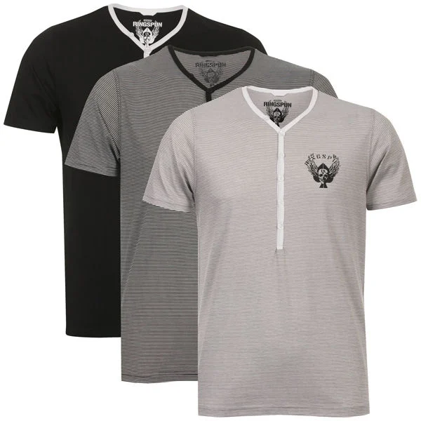 Ringspun Men's 3-Pack Meteor Short Sleeve Grandad T-Shirt - Black Striped/Black/Grey Striped - S Afbeelding 1