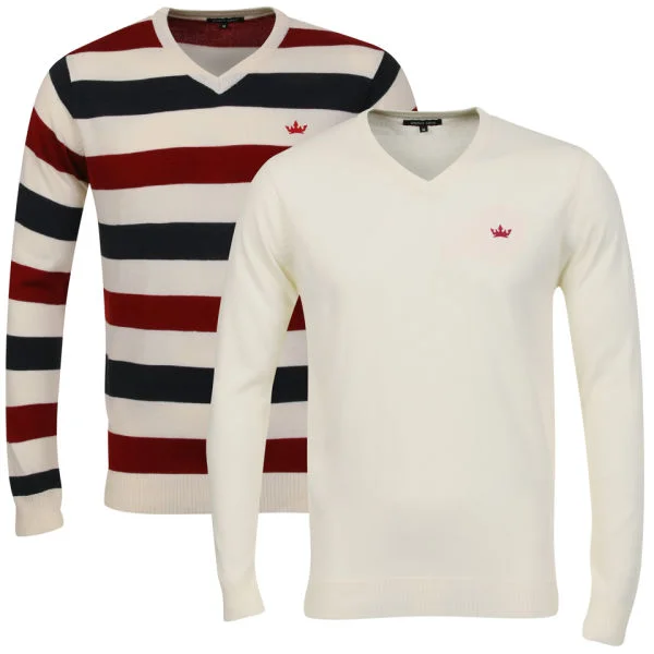Brave Soul Men's 2 Pack V Neck Knit - Off White, Navy & Red Stripe - S - Red / Navy Afbeelding 1