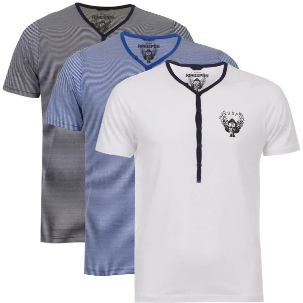 Ringspun Men's 3-Pack Meteor Short Sleeve Grandad T-Shirt - Navy Striped/White/Royal Striped - S - Navy Striped/White/Royal Striped Afbeelding 1