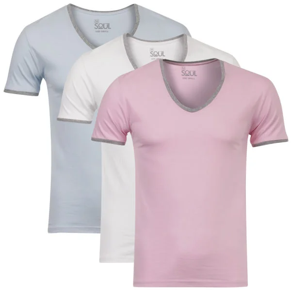 55 Soul Men's 3-Pack V-Neck T-Shirt - White/Pink/Blue - S - Multi Afbeelding 1