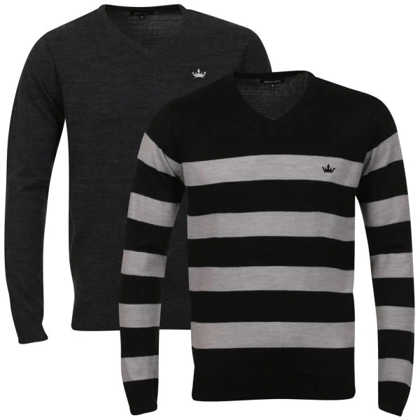 Brave Soul Men's 2 Pack V Neck Knit - Black & Light Grey Marl Stripe - S - Black / Grey Marl Afbeelding 1