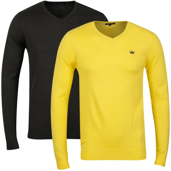 Brave Soul Men's 2 Pack V Neck Knit - Lemon & Charcoal Marl - S - Lemon / Charcoal Afbeelding 1