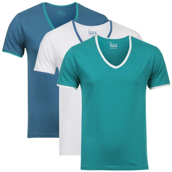 55 Soul Men's 3-Pack V-Neck T-Shirt - Green/White/Blue - S - Multi Afbeelding 1